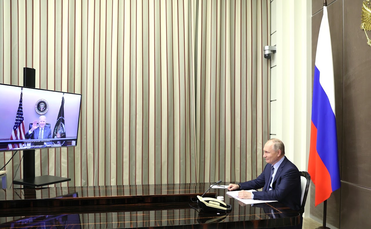Pictured is US President Biden holding a virtual summit with Russian President Vladimir Putin. Credit: https://commons.wikimedia.org/wiki/Pictured is current Ukrainian President Volodymyr Zelensky with NATO Secretary Gen