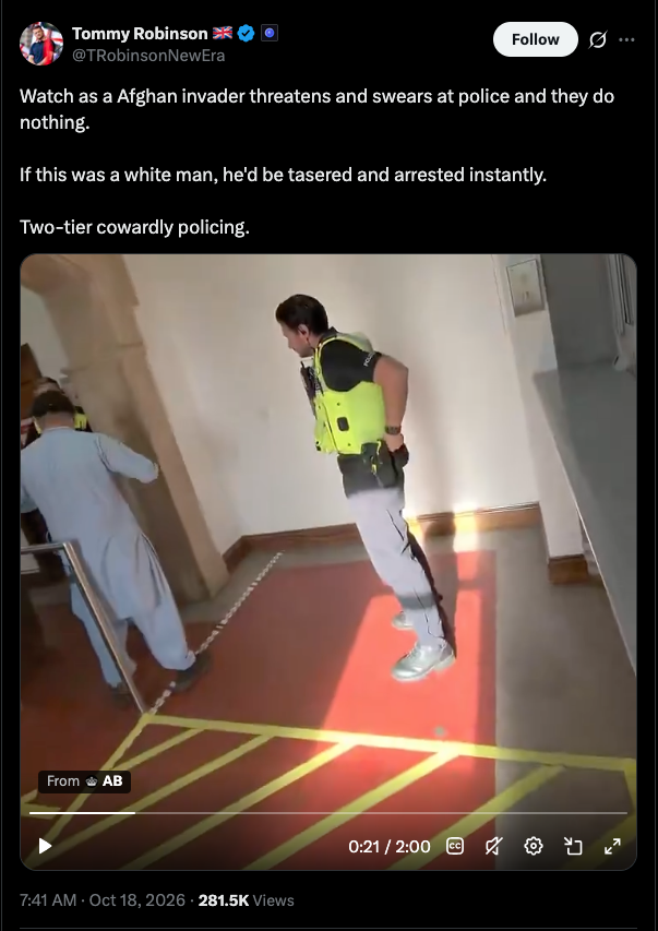 Screenshot of a Tommy Robinson social-media post discussed in the article.